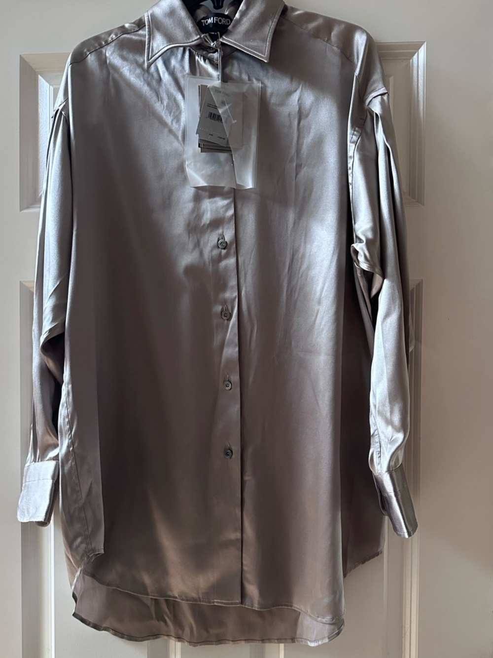 Tom Ford Metallic Silver Satin Button-Up Shirt